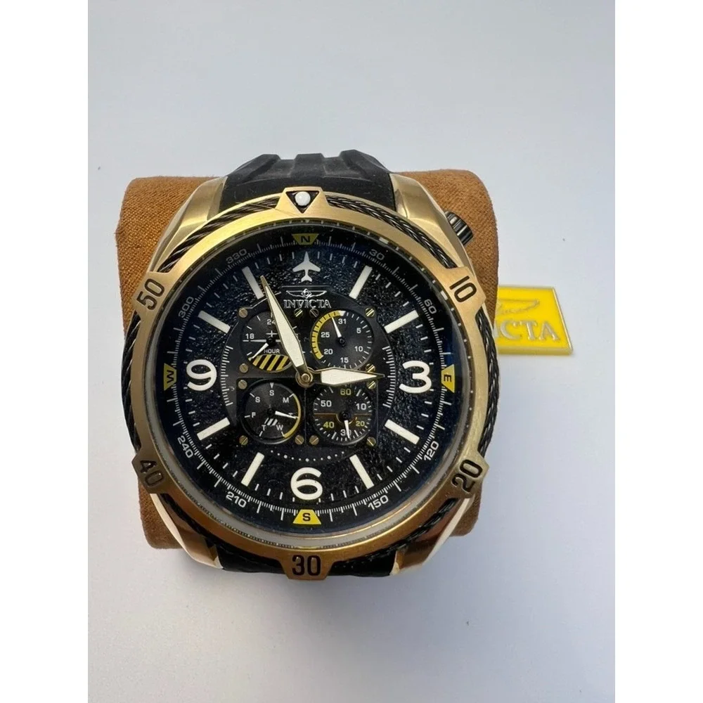 #W029 Invicta Aviator #28079 Mens Chronograph Watch Gold Tone Black Dial Quartz